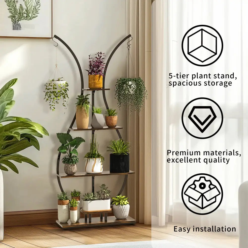 DecorBites™ tall black metal plant stand with 5 tiers and curved arches for displaying potted plants in vase shape