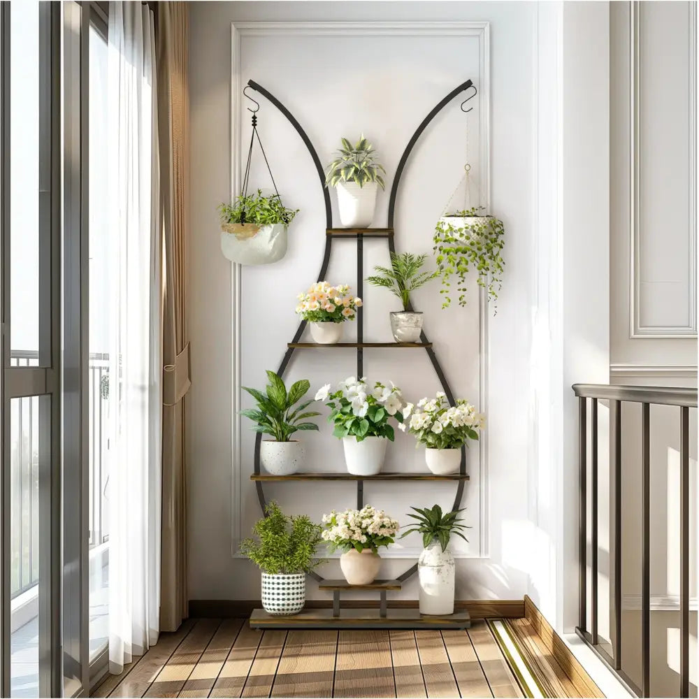 Decorbites™ tall metal plant stand in black metal and wood with five tiers holding white beige and patterned pots