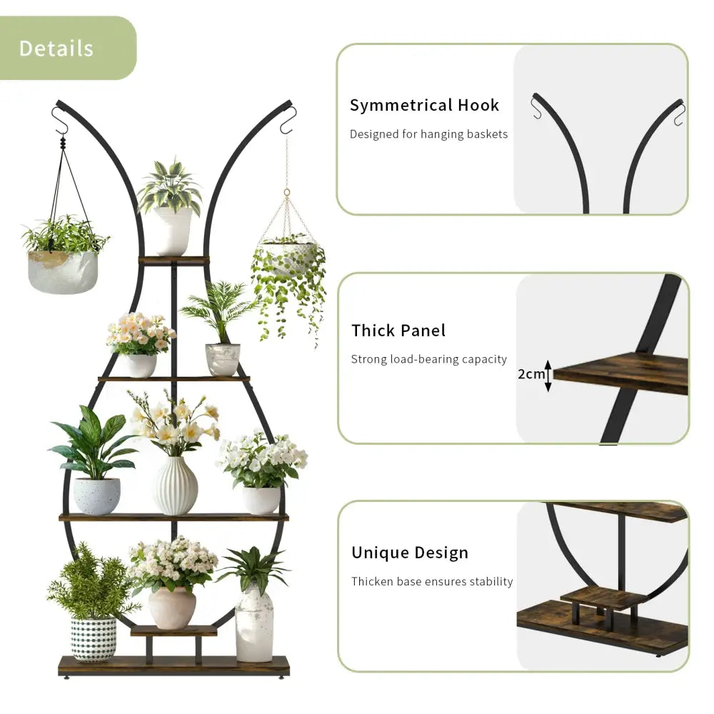 DecorBites™ tall metal plant stand features black metal and wood with symmetrical arched hooks and unique base design