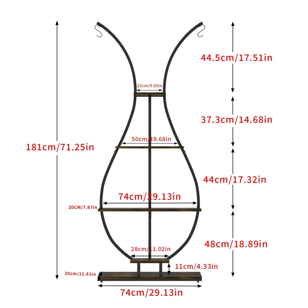 DecorBites™ tall black metal plant stand with vase shape and five wooden tiers supported by a central rod