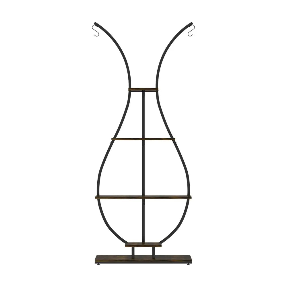 DecorBites™ tall black metal plant stand with wood shelves and vase shape silhouette for indoor greenery display