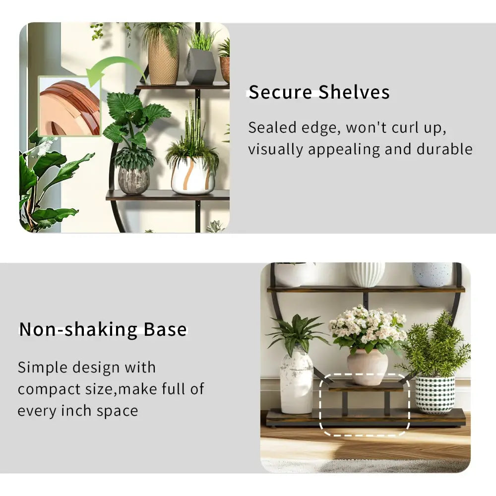 Dark wood floating shelf with non-shaking base and secure shelves on decorbites™ tall metal plant stand with 5 tiers