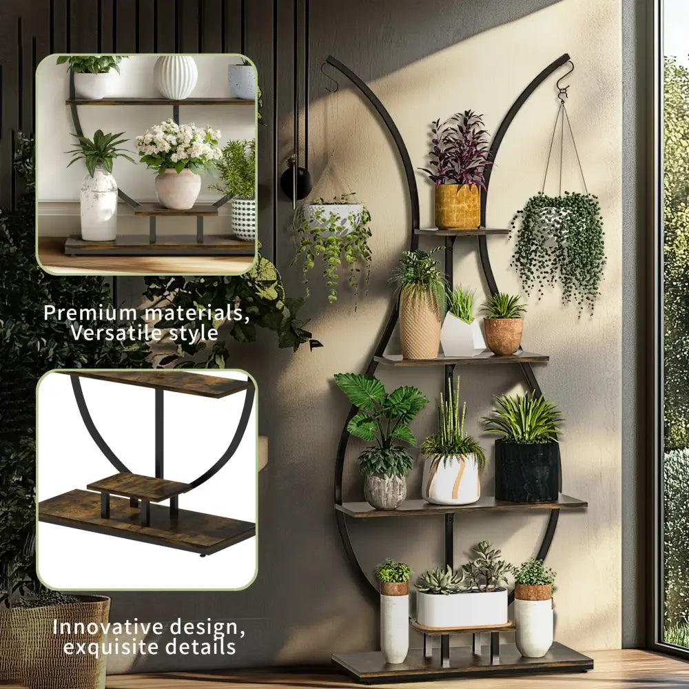 DecorBites™ tall metal plant stand with 5 tiers features a modern curved metal and wood design for displaying plants