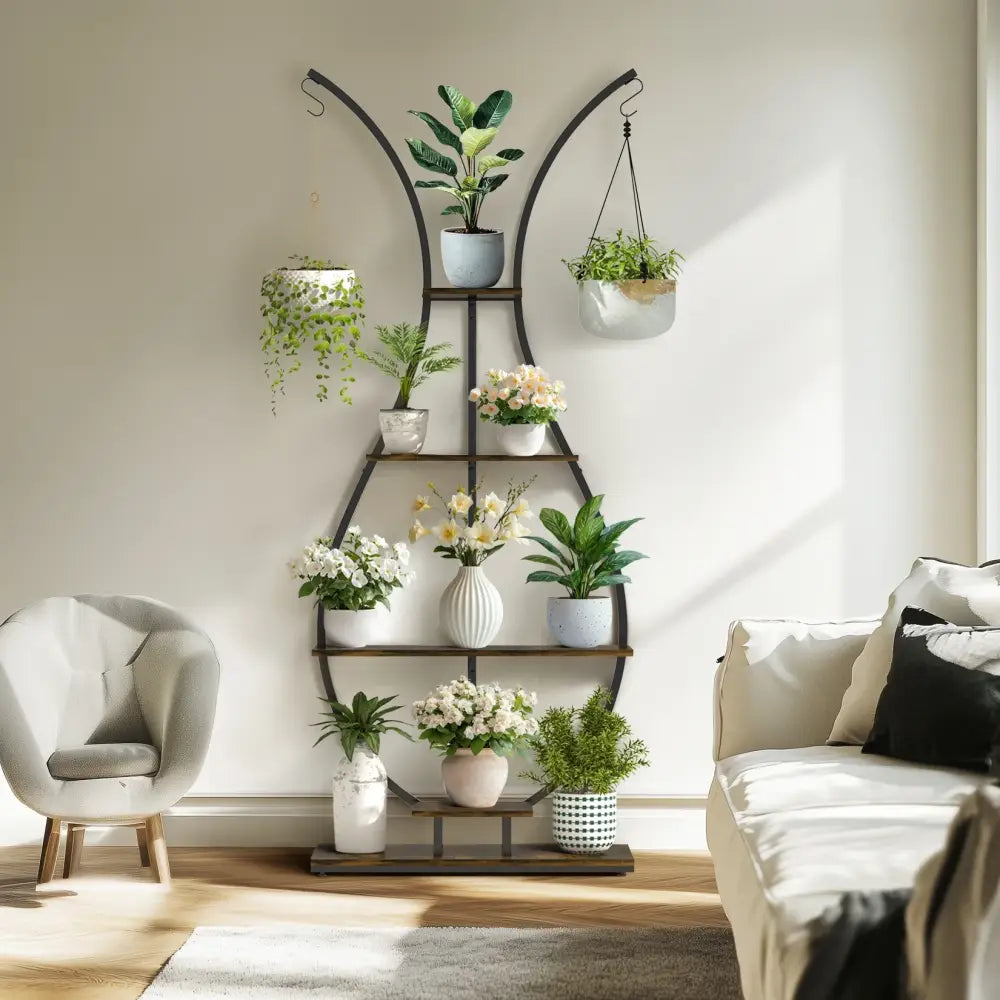 DecorBites tall dark metal plant stand with wood accents and vase shape holds multiple ceramic potted plants