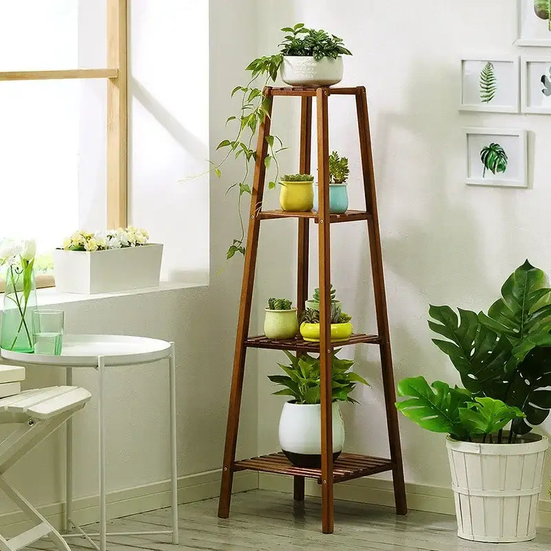 Decorbites™ tall wooden a-frame plant stand with four tiers holding colorful ceramic pots for indoor and outdoor use