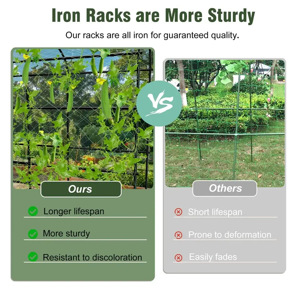 Black iron decorbites™ tall u-shaped garden plant trellis with grid design supporting climbing green plants