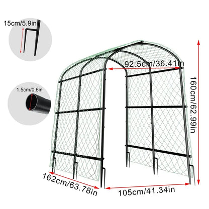 Black metal garden plant trellis DecorBites™ tall U-shaped arbor with diamond mesh panels and curved arch design