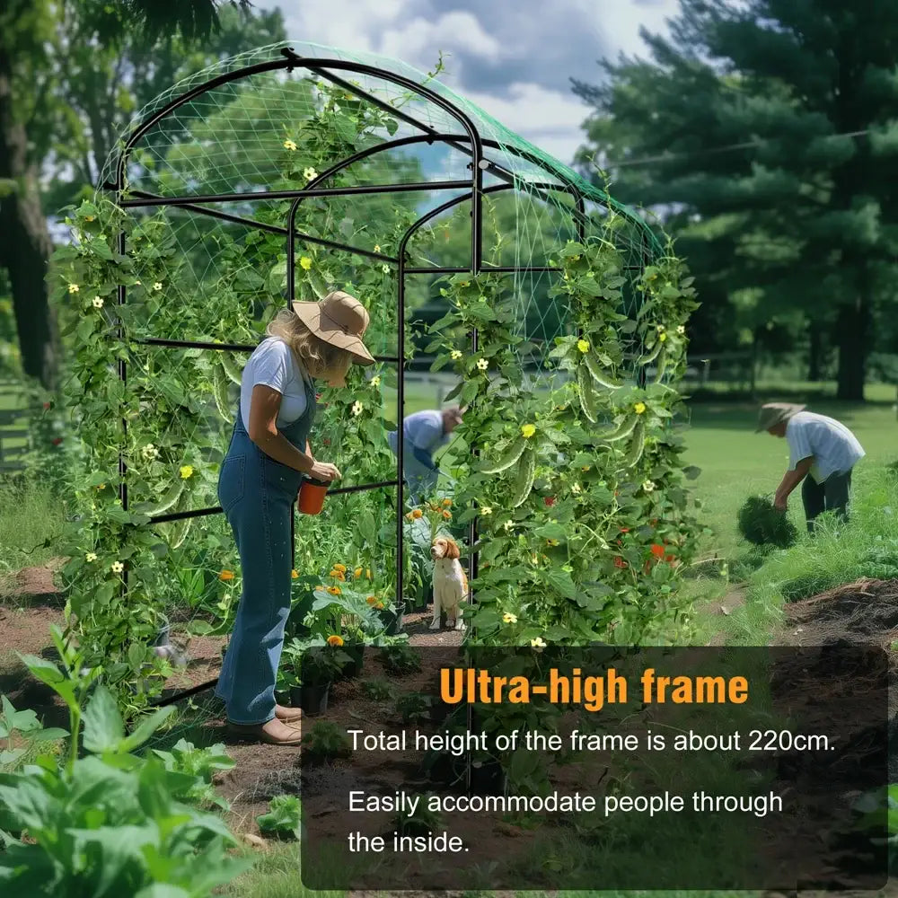 Decorbites™ tall u-shaped black metal garden plant trellis with green netting for climbing plants and support
