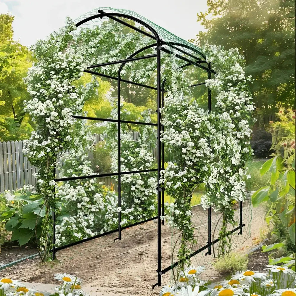 DecorBites™ tall black metal arched garden plant trellis covered in white flowering vines for outdoor use