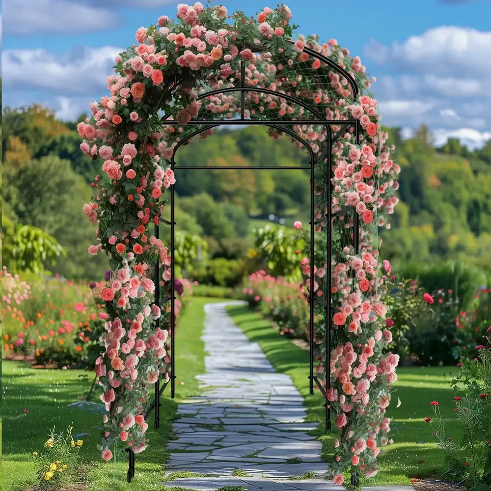 Decorbites™ tall u-shaped black metal garden plant trellis adorned with cascading pink roses for garden plant support