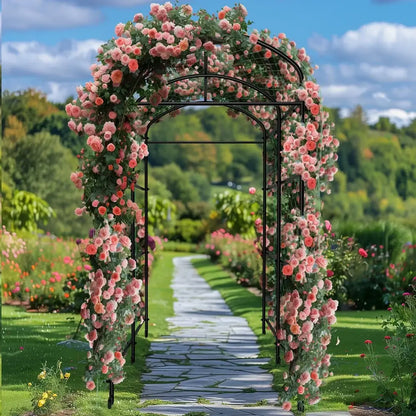 Decorbites™ tall u-shaped black metal garden plant trellis adorned with cascading pink roses for garden plant support