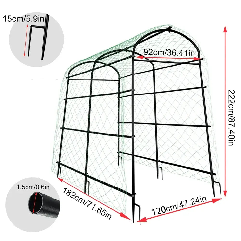 Black metal-framed DecorBites™ tall U-shaped garden plant trellis with green mesh covering and labeled dimensions for garden plant support