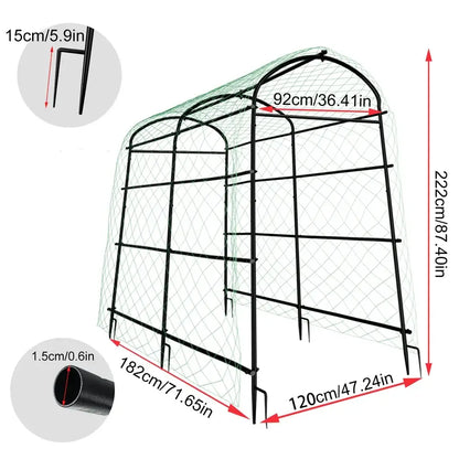 Black metal-framed DecorBites™ tall U-shaped garden plant trellis with green mesh covering and labeled dimensions for garden plant support