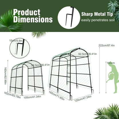 Black metal garden plant trellis with arched frame and mesh sides for tall u-shaped support by DecorBites