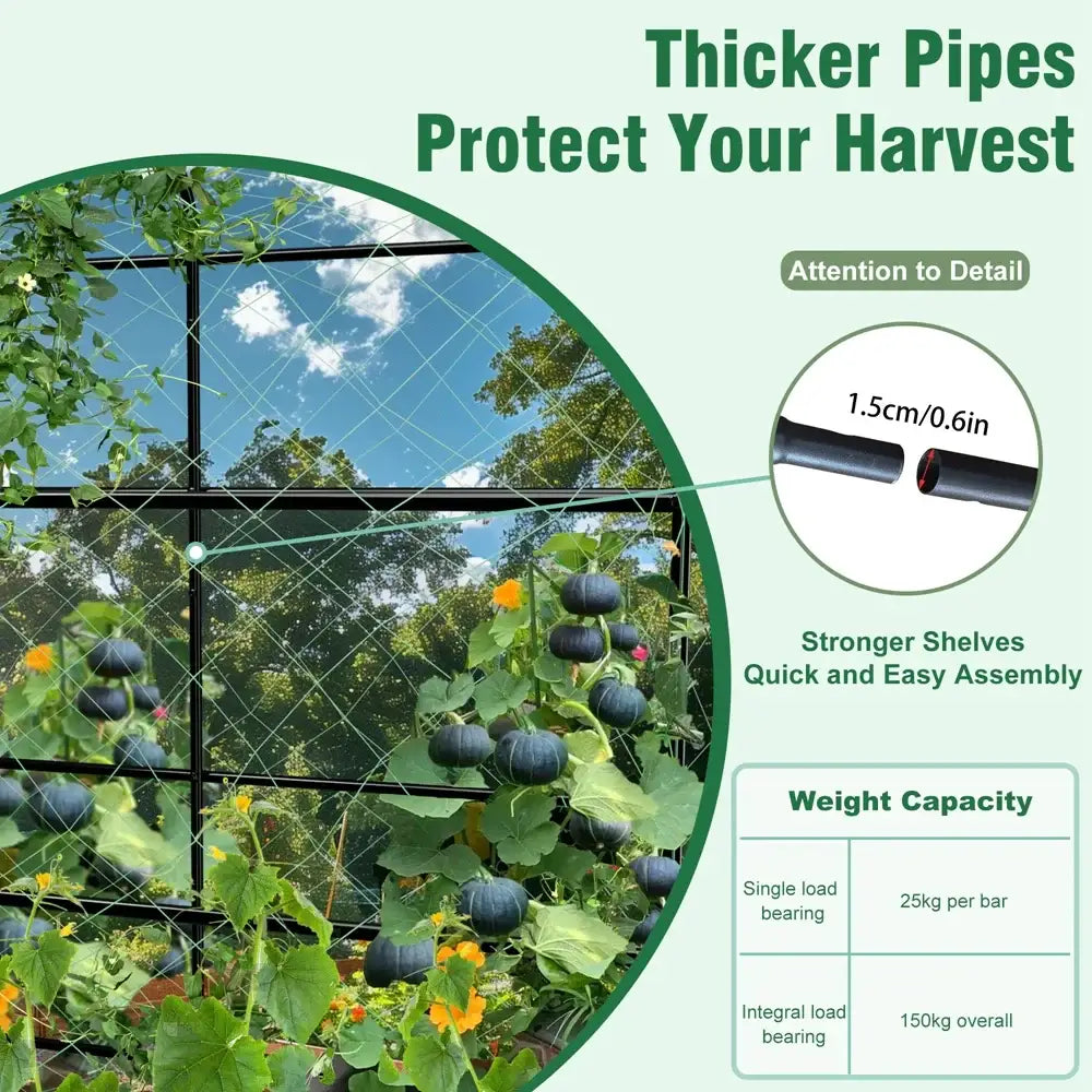 DecorBites™ tall u-shaped black metal garden plant trellis with thicker pipes and grid mesh for plant protection