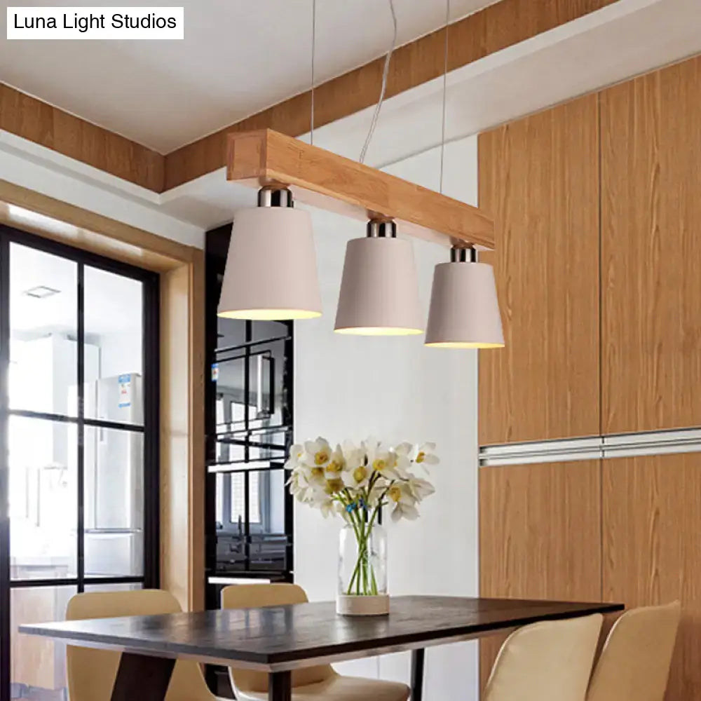 Modern wooden beam pendant light with three off-white fabric shades for dining room with e26 e27 bulb base