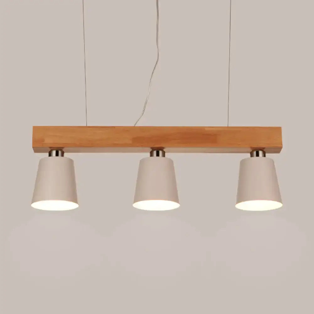 Modern minimalist DecorBites™ pendant lamp with natural wood beam and three white conical shades for dining room e26 e27 bulb base