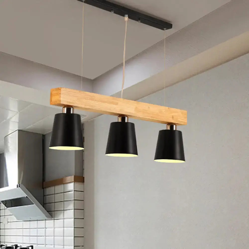 Decorbites™ tapered shade island light with three black conical shades on wooden beam for dining room bulb base e26 e27