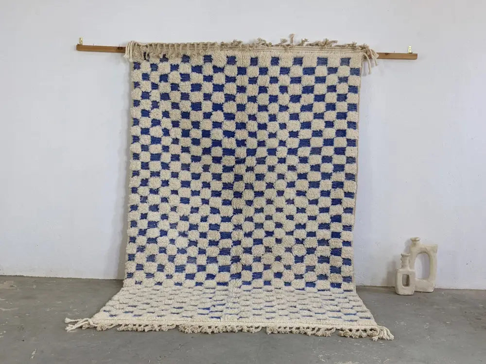 Blue and cream checkered beni ouarain rug by DecorBites with fringed edges 260 x 170 cm