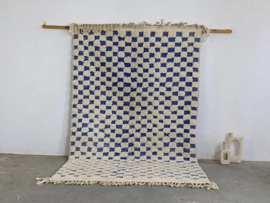 Blue and cream checkered beni ouarain rug by DecorBites with fringed edges 260 x 170 cm