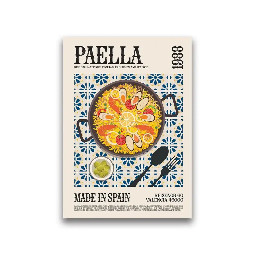 A vibrant decorbites™ canvas painting of colorful paella in a black pan for world cuisine home decor