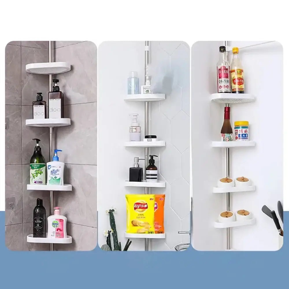 White plastic corner shower rack organizer with multiple tiers and stainless steel telescopic pole for bathroom storage