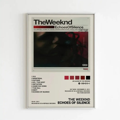 A framed decorbites™ the weeknd music album poster featuring dark red and black echoes of silence for home decor