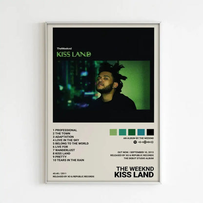 A framed DecorBites™ weeknd music album poster with green-tinted portrait tracklist and color swatches for home decor