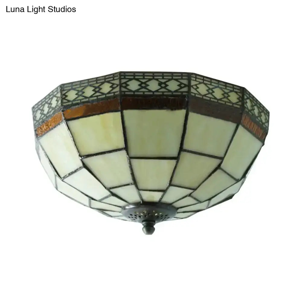DecorBites tiffany 2-light beige flush mount ceiling light with cream art glass dome shade and dark metal frame, 110v-120v 220v-240v