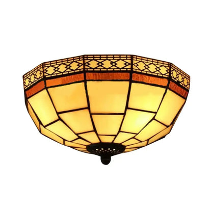 Decorbites tiffany 2-light beige flush mount ceiling light with warm amber art glass dome shade and dark metal frame