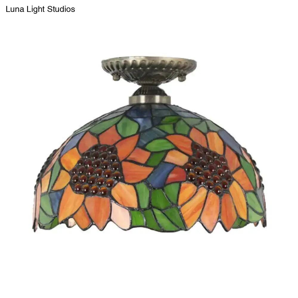 DecorBites™ Tiffany semi flush mount ceiling light with vibrant sunflower stained glass in brass bronze for bedroom lighting