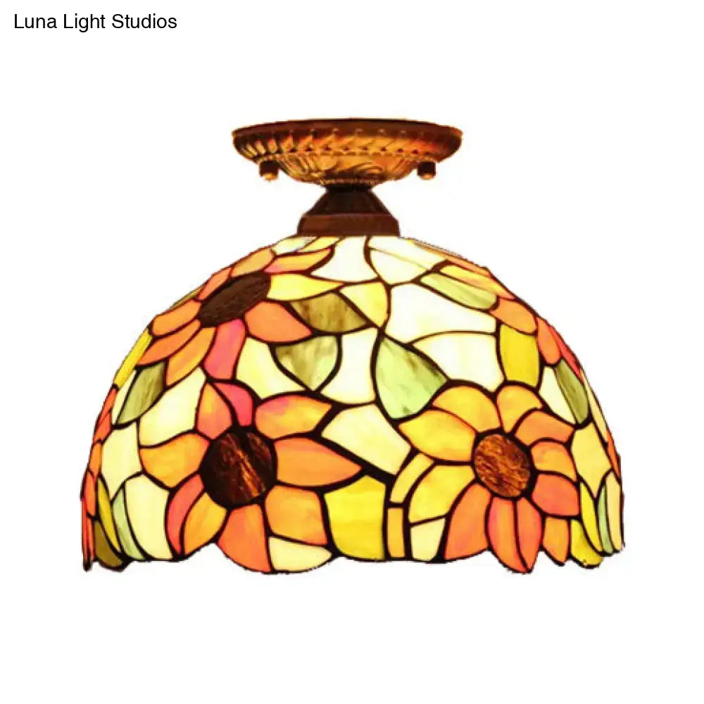 Decorbites tiffany 2-light semi flush mount ceiling light with brass bronze sunflower stained glass design
