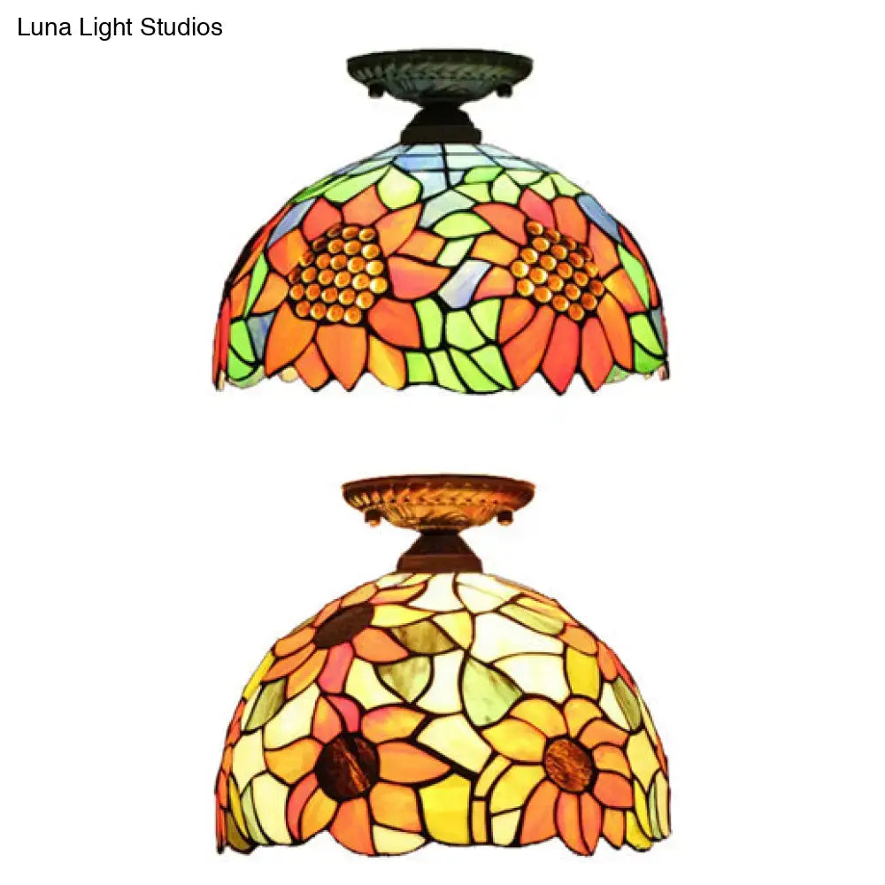 DecorBites™ Tiffany semi flush mount ceiling light with brass bronze finish and colorful sunflower stained glass panels
