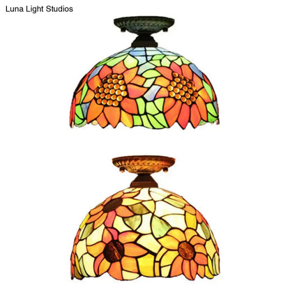 DecorBites™ Tiffany semi flush mount ceiling light with brass bronze finish and colorful sunflower stained glass panels