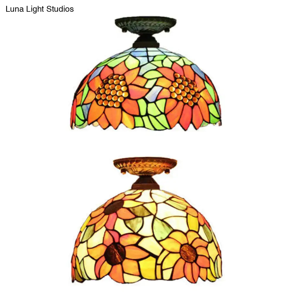 Decorbites tiffany semi flush mount ceiling light with brass bronze finish and vibrant sunflower stained glass panels
