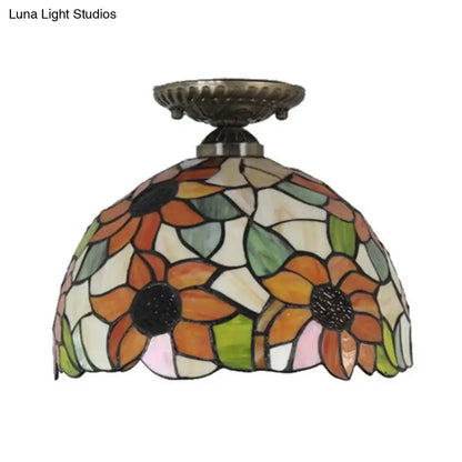 Decorbites tiffany semi flush mount ceiling light with sunflower stained glass dome and bronze base for bedroom lighting
