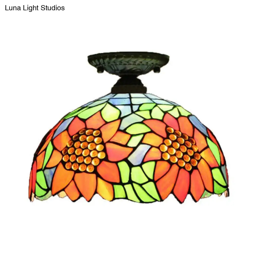 Decorbites™ tiffany semi flush mount ceiling light with vibrant sunflower stained glass in brass bronze for bedroom lighting