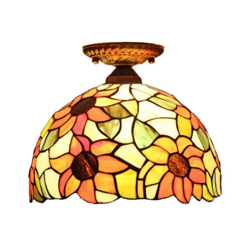 Decorbites™ tiffany semi flush mount ceiling light with sunflower stained glass dome in brass bronze for bedroom lighting