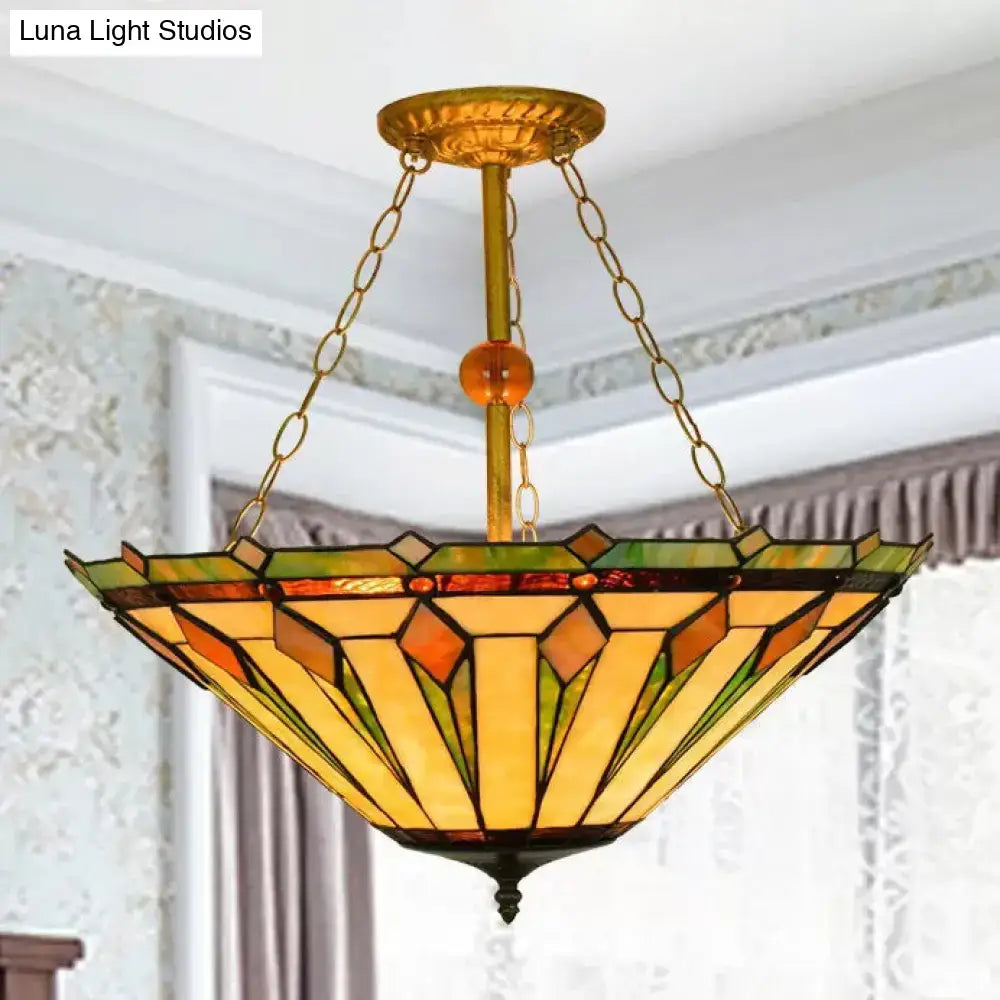 Decorbites tiffany semi flush mount ceiling light with stained glass shade in warm amber and green geometric pattern