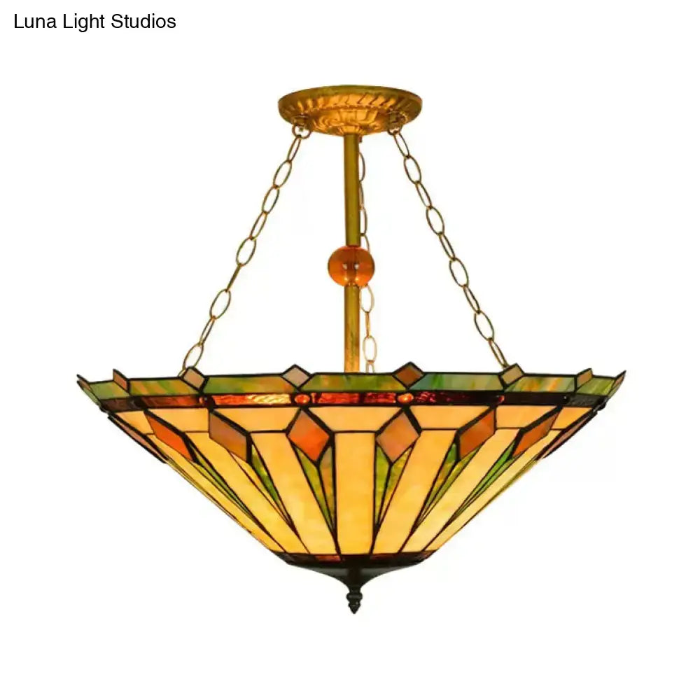Decorbites™ tiffany semi flush mount ceiling light with stained glass shade in amber green and yellow with brass frame