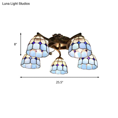 DecorBites tiffany stained glass ceiling light with 5 blue and white scalloped heads in antique bronze finish