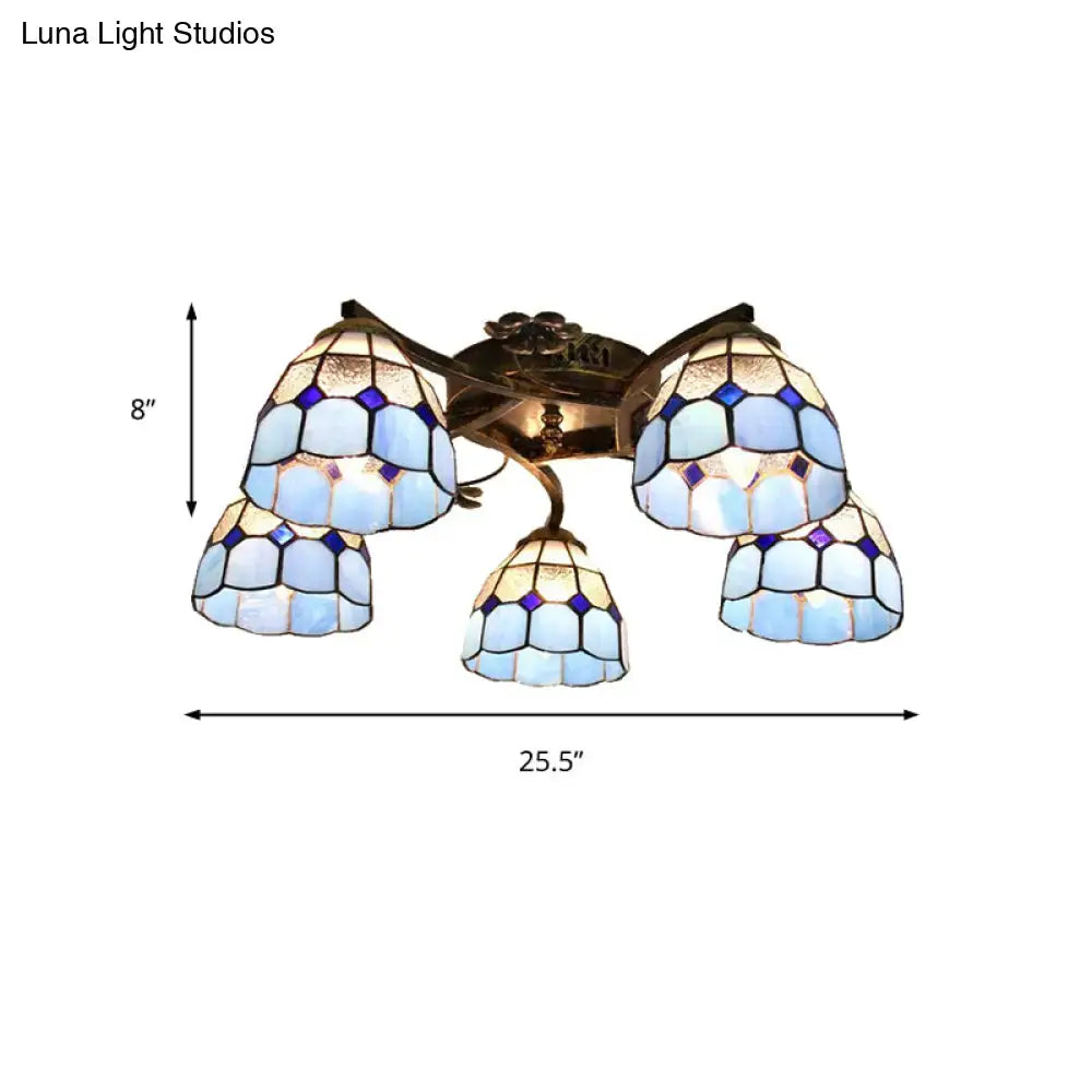Tiffany stained glass ceiling light with blue and white glass shades in antique bronze finish for bedroom decor