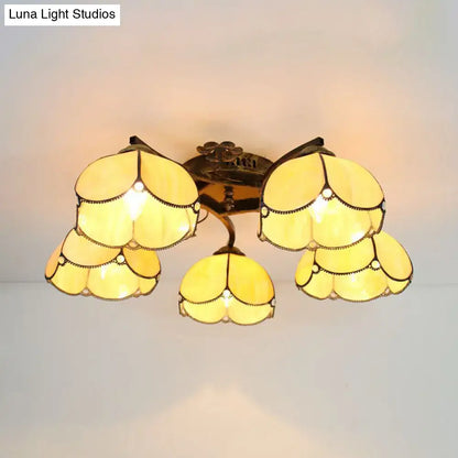 Decorbites tiffany stained glass ceiling light with yellow tulip shades and antique bronze accents for bedroom