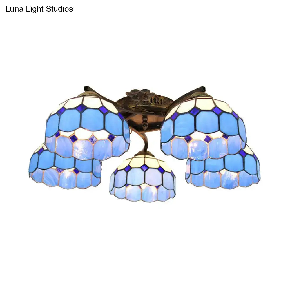 Decorbites tiffany stained glass ceiling light with blue and white scalloped heads and antique bronze finish