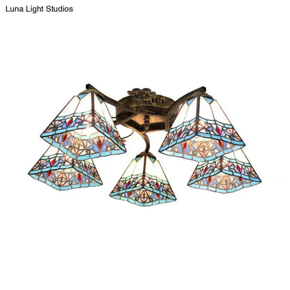DecorBites tiffany stained glass ceiling light with five blue red beige shades and antique bronze scalloped frame for bedroom