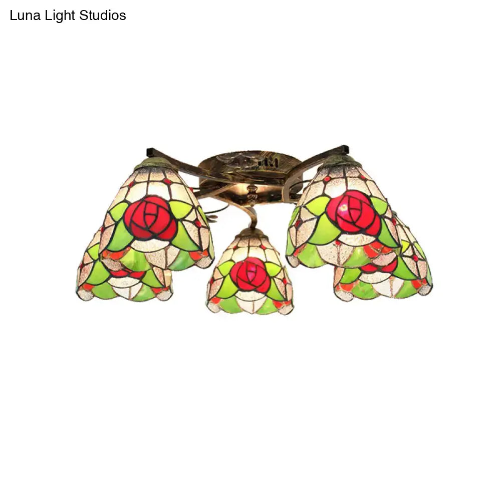 Decorbites tiffany stained glass ceiling light with three rose-patterned shades in red green and cream antique bronze finish
