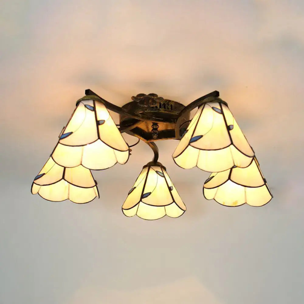 DecorBites™ Tiffany stained glass ceiling light with three layered petal shades in antique bronze for bedroom use