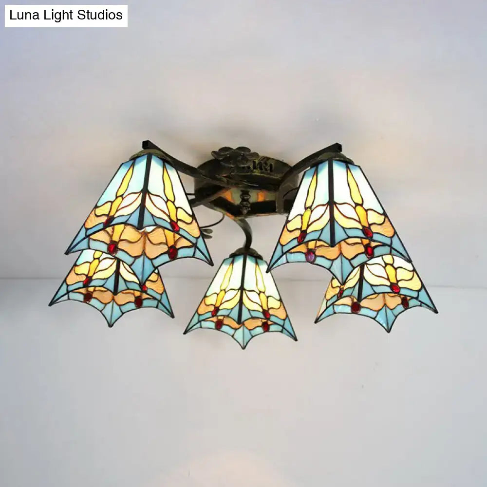 Decorbites tiffany stained glass ceiling light in antique bronze with butterfly wing shades in blue yellow and white hues