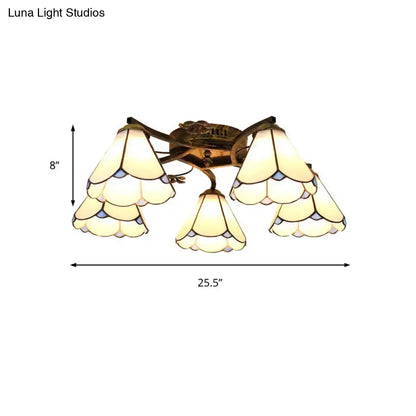 Decorbites tiffany stained glass ceiling light with five scalloped cream and light blue shades in antique bronze finish