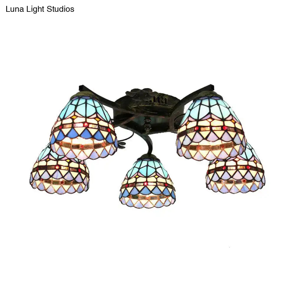 Decorbites tiffany stained glass ceiling light with five conical shades in blue lavender gold on antique bronze frame